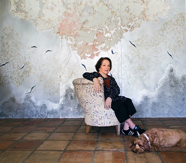 Mira Lehr in front of Creation (triptych), 2018.