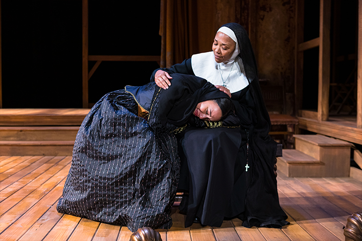 Karen Stephens as Madre Maria consoles Jeanette Dilone as Camila Perichole. Photo by Stian Roenning