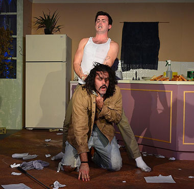 A crazed Austin (Tyler Grimes) chokes Lee (Christopher Millan) in Main Street Players' production of 