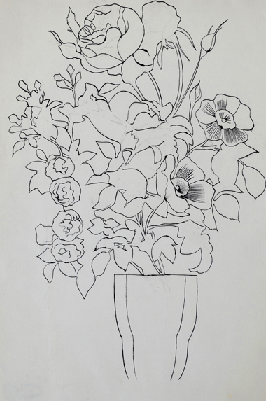 Andy Warhol, Flowers, circa 1956, ink on paper, courtesy Long-Sharp Gallery.