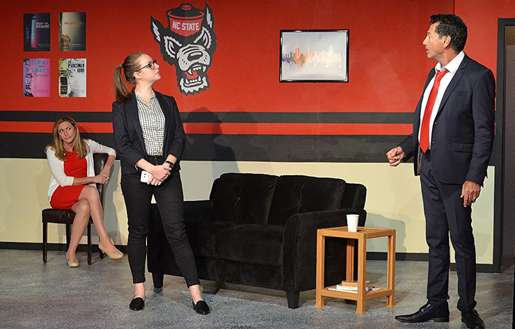 Christy Antonio, seated, Melissa Bibliowicz and Anthony Linzalone in a scene from Main Street Players' production of 