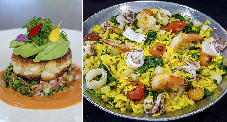 Jumbo Lump Crab Cake, left, and Seafood Orzo Paella, right (Photos: A Fish Called Avalon)