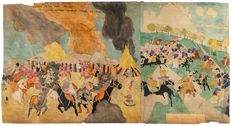 Henry Darger, at Wickey Lansina, escape with their brother/at Jennie Richie Breaking jail second time 1930-1950 (Courtesy of Andrew Edlin Gallery in New York City and Art Basel)