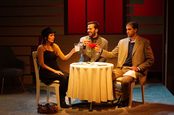 From left to right, Tara (actress Gaby Tortoledo), Elliott (Israel Vinas) and Gabriel (Stephen Kaiser) meet to discuss arrangement over wine. Photo Credit Matthew Tippins.