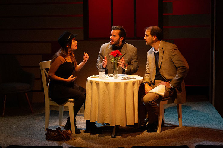 From left to right, Tara (Gaby Tortoledo), Elliott (Israel Vinas) and Gabriel (Stephen Kaiser) in a discussion. Photo Credit Matthew Tippins.