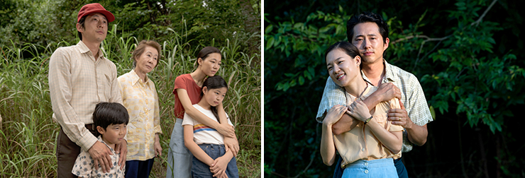 LEFT: Steven Yeun, Alan S. Kim, Yuh-jung Youn, Yeri Han and Noel Kate Cho in a scene from Minari, <br>Photo courtesy Josh Ethan Johnson/A24.<br>
RIGHT: Yeri Han and Steven Yeun in a scene from Minari, <br>Photo courtesy Josh Ethan Johnson/A24.