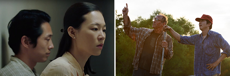 LEFT: Steven Yeun and Yeri Han in a scene from Minari,<br> Photo courtesy A24.<br>
RIGHT: Will Patton and Steven Yeun in a scene from Minari, <br>Photo courtesy Melissa Lukenbaugh/A24.