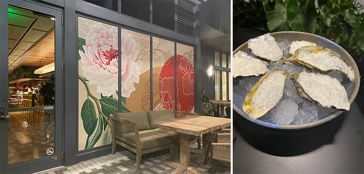 LEFT: Restaurant's outdoor area.<br>
RIGHT: Oyster special.<br>
Charlotte Libov photo