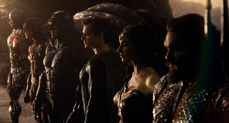 Ray Fisher, Ezra Miller, Ben Affleck, Henry Cavill, Gal Gadot and Jason Momoa in a scene from 