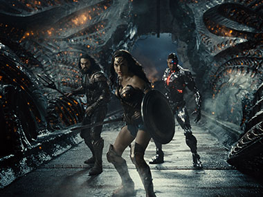 Jason Momoa, Gal Gadot and Ray Fisher in a scene from 
