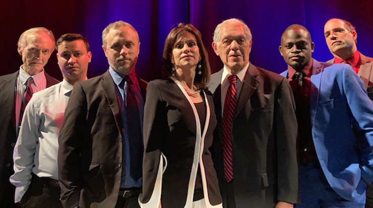 From left to right: Actors Kevin Reilley, Adam D. Crain, Seth Trucks, Linda Drozdow, Jerry Weinberg, Devon Dassaw and Jesus Reyna star in