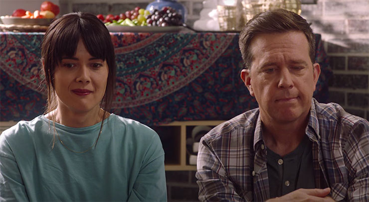 Patti Harrison and Ed Helms in a scene from