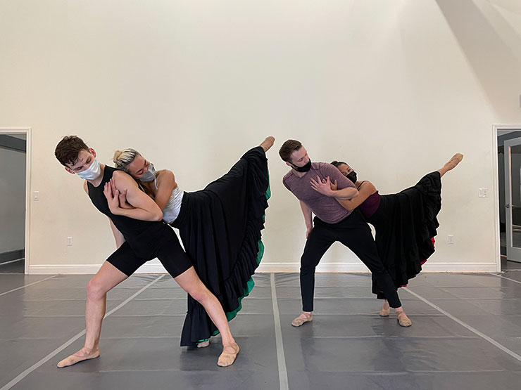 “Anusim” From left to right: (performing wearing masks only in rehearsal): David Harris, Isabelle Luu Li Haas, Matthew Heufner and Allyn Ginns Ayers in the world premiere of “Anusim: What Is Hidden Is Never Lost” on May 15 at Broward Center and June 19 at Miami Theater Center.
