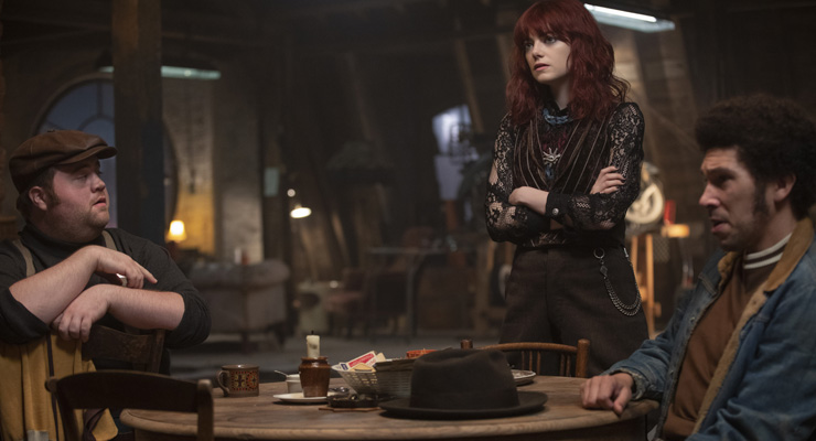 Paul Walter Hauser as Horace, Emma Stone as Estella and Joel Fry as Jasper in Disney's live-action