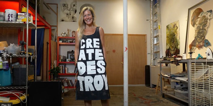 Kathryn Mikesell, founder of Artists Open, wears a design by Fountainhead Studios Artist Pangea Kali Virga, photographed in Stephen Arboite's studio. (Photo by World Red Eye)