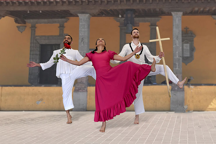 “La Malinche” From left to right: Anthony Velazquez, Allyn Ginns Ayers and Matthew Heufner in “La Malinche” on May 15 at Broward Center.