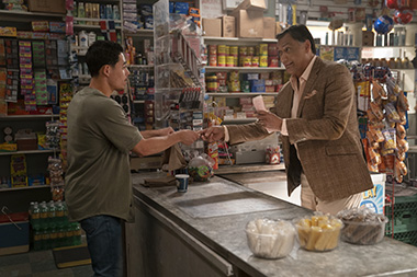 Anthony Ramos as Usnavi and Jimmy Smits as Kevin Rosario in a scene from