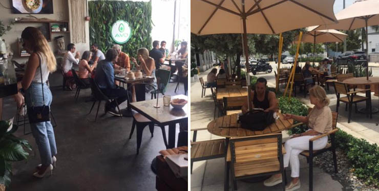 Indoor seating, left, and outdoor seating, right, at Avo Miami.