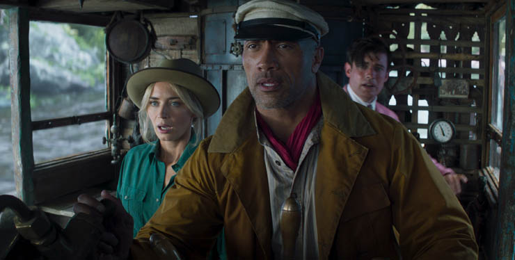 Emily Blunt, Dwayne Johnson and Jack Whitehall in a scene from 