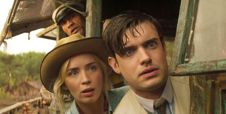 Dwayne Johnson, Emily Blunt and Jack Whitehall in a scene from