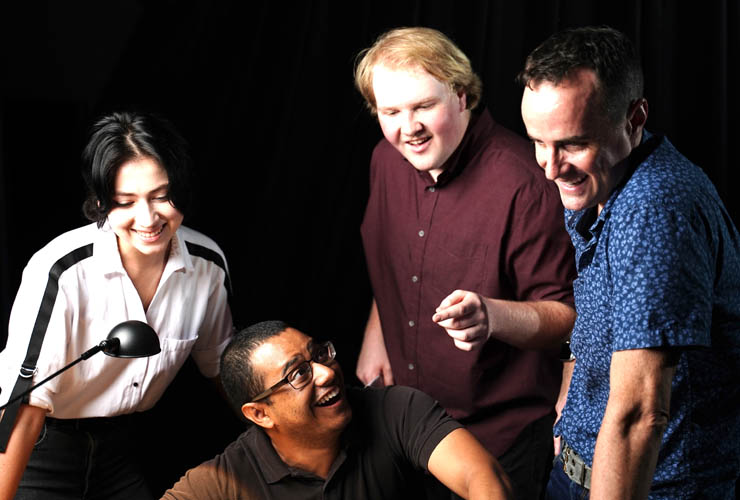 The Miami-performance cast include, from left, Natalie Veater as Susan,
Jared Peroune at the piano, Owen Reynolds as Hunter, and Michael
Stoddard as Jeff.