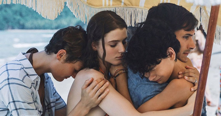 Vicky Krieps, Thomasin McKenzie, Gael García Bernal and Luca Faustino Rodriguez in a scene from M. Night Shyamalan's 