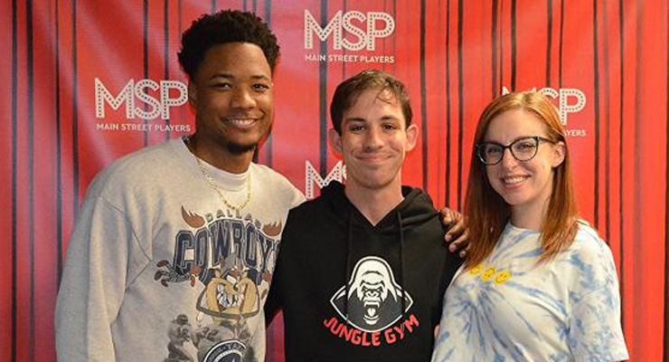 (from left to right): Actors Joshua Lyons, Brandon Hoffman, and Melissa Bibliowicz as themselves onstage in preparation for 