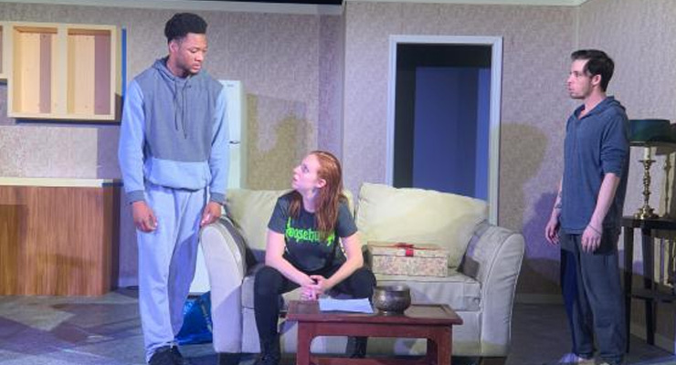 (from left to right): Actors Joshua Lyons (Maddox), Melissa Bibliowicz (Ainsley) and Brandon Hoffman (Landon) confront each other in a scene from