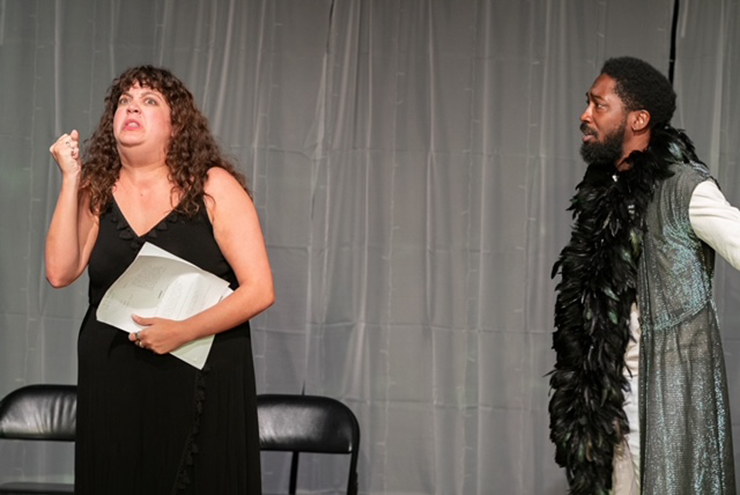 Actress (Erin Christine Wilbanks) and Macbeth (Roderick Randle) in a tense moment from Main Street Players' production of 