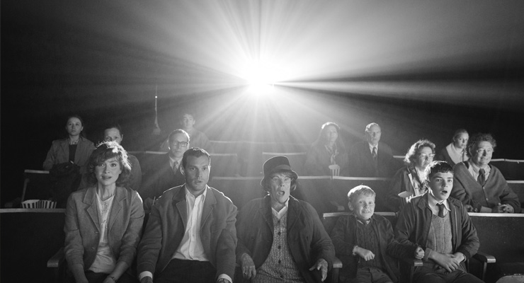 Caitriona Balfe, Jamie Dornan, Judi Dench, Jude Hill and Lewis McAskie in a scene from