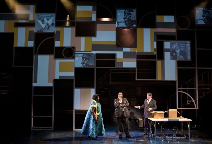 From left, Darlene Hope, who plays Lucille, one of Louis Armstrong's wives, Juson Williams, who plays Armstrong, and Stephen G. Anthony, who plays his agent. (Photo: Stian Roenning)