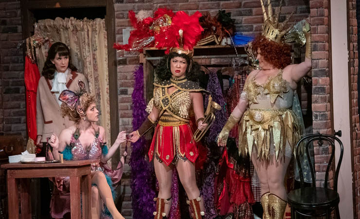 From left, Melissa Whitworth (Louise), Aaron Bower (Mazeppa), Alyssa Ishihara (Tessie) and Britte Steele (Electra) through February 13 at the Wick Theatre in Boca Raton. (Photo by Amy Pasquantonio)
