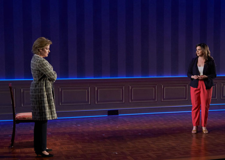 There is tension in the room as Hillary Clinton (Danielle Skraastad) is about to meet with Monica Lewinsky (Kyra Kennedy). (Photo: Ernesto Sempoll)