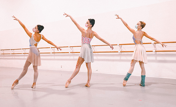 Taylor Naturkas, Jordan Elizabeth Long, and Ella Titus rehearse Spring Vivace. Choreography by Sean Miller. (Photo courtesy of Sean Miller and Miami City Ballet)