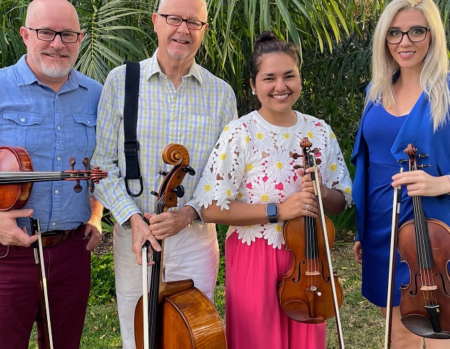 JT Kane, Michael Andrews, Sheena Gutierrez, and Siobhan Cronin of the South Beach Chamber Ensemble at the Miami Beach Botanical Garden.
