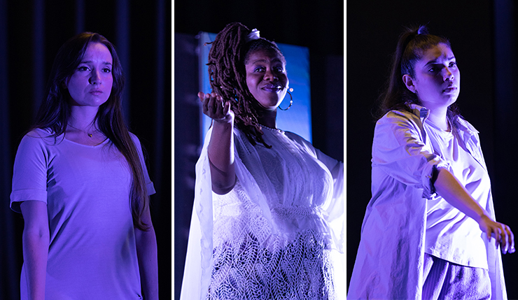 LEFT: Krystal Millie Valdes as Jodi in I am Me / CENTER: Inez Barlatier as Iamme in I am Me / RIGHT: Diana Buitrago as Yamely in I am Me. (Photos by Taylor Brown)