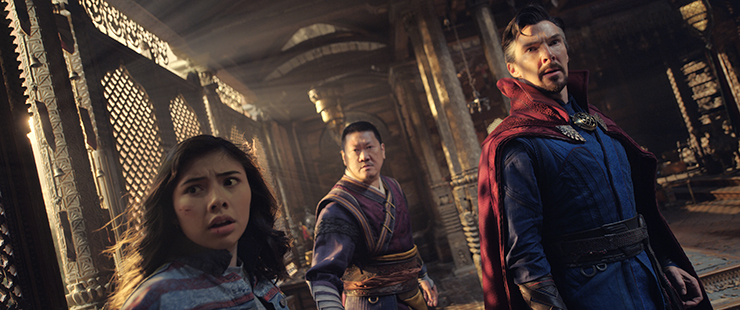 Xochitl Gomez, Benedict Wong and Benedict Cumberbatch in a scene from 