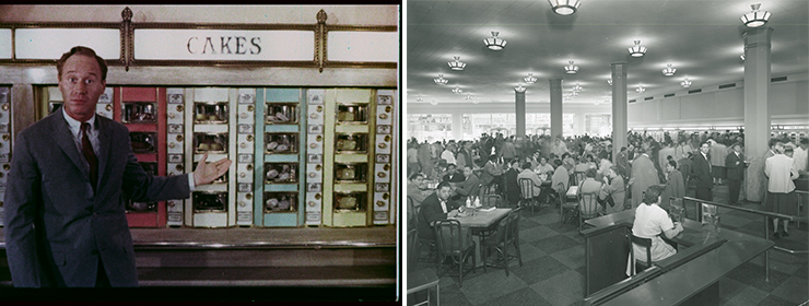 LEFT: A Horn & Hardart television commercial. (Photo courtesy of A Slice of Pie Productions.) RIGHT: The Automat. (Photo courtesy of The New York Public Library Robert F. Byrnes Collection of Automat Memorabilia)