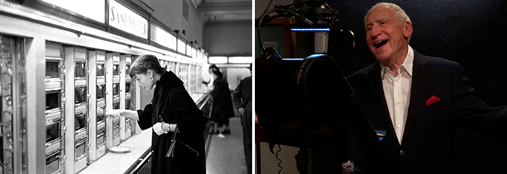 LEFT: Audrey Hepburn in the Automat, New York City, 1951. Photo by Lawrence Fried. RIGHT: Mel Brooks recording his original song 