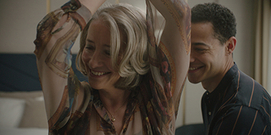 Leslie Mann, Colton Osorio, Cooper Raiff and Brad Garrett in a scene from