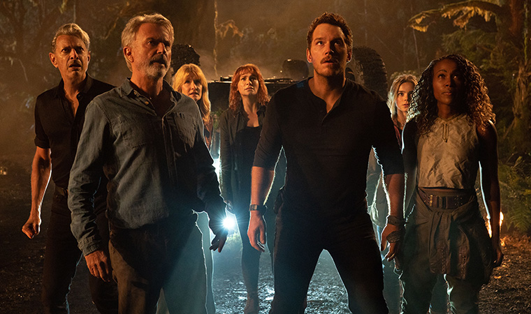 Jeff Goldblum, Sam Neill, Laura Dern, Bryce Dallas Howard, Chris Pratt, Isabella Sermon and DeWanda Wise in a scene from