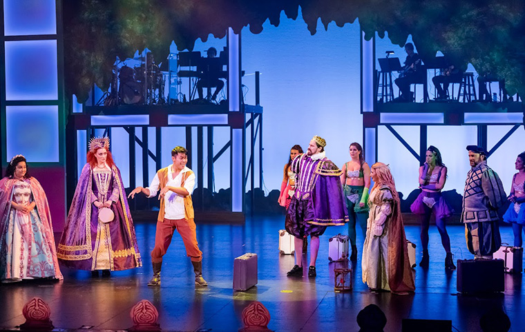 From left, Joline Mujica as Pamela, Sabrina Lynn Gore as Gynecia, Nate Promkul as Musidorus, Robert Koutras as Basilius, Kristi Rose Mills as Philoclea and Matthew W. Korinko as Dametas in Slow Burn Theatre Company's