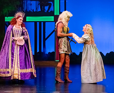 Sabrina Lynn Gore as Gynecia, Nate Promkul as Musidorus, and Kristi Rose Mills as Philoclea in Slow Burn Theatre Company's