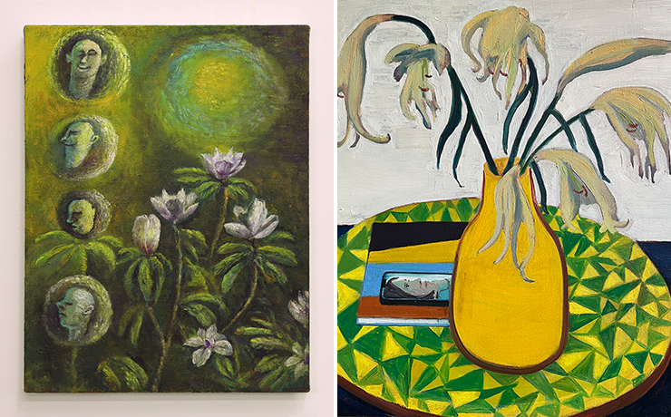 LEFT: Taichi Nakamura<br>Magnolia & Small Spirit, 2022 Oil on canvas.<br>
RIGHT: Ezra Johnson<br>Lily with M. Avery Book, 2022 Oil on linen.<br>
(Photo: Mindy Solomon Gallery)