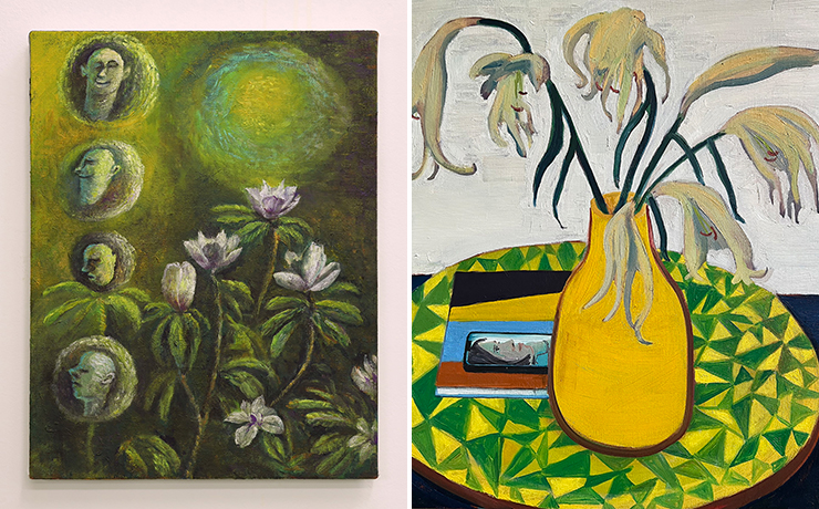 LEFT: Taichi Nakamura<br>Magnolia & Small Spirit, 2022 Oil on canvas.<br>
RIGHT: Ezra Johnson<br>Lily with M. Avery Book, 2022 Oil on linen.<br>
(Photo: Mindy Solomon Gallery)