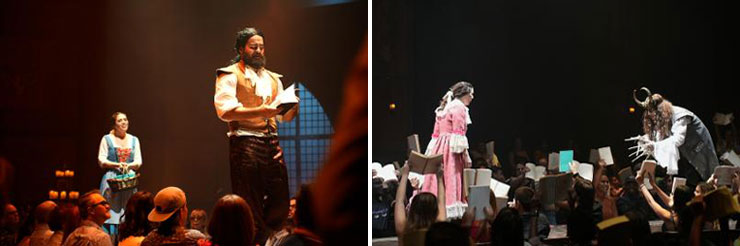 LEFT: Belle (Michelle Gordon) and Gaston (Frank Montoto) appear in a scene from Area Stage Company's production of 