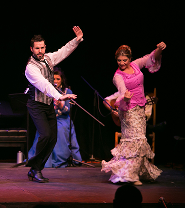 Ballet Flamenco Rosa, Senorita Julia, L-R Eloy Aguilar, Nieves Diaz & Nella Madarro.<br> Photography by Jenny Abreu.