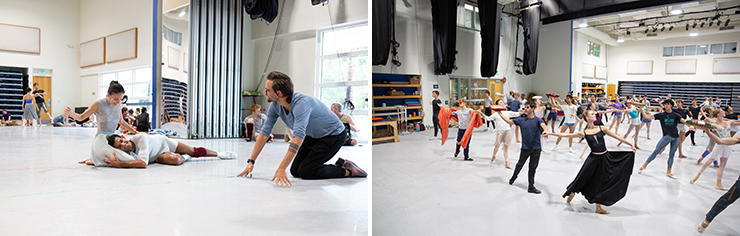 LEFT: Katia Carranza, Renan Cerdeiro and repetiteur Filip Barankiewicz rehearse Cranko's Romeo and Juliet. (Photo by Alexander Iziliaev) | RIGHT: MCB dancers rehearse Romeo and Juliet 