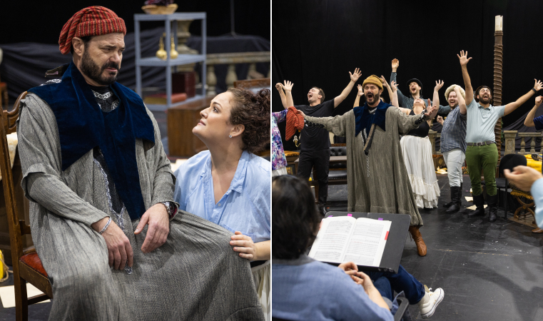 LEFT: Lauretta (Page Michels) pleads with her beloved father Gianni Schicchi (Franco Pomponi) to intervene in the Donatis' plight. RIGHT: The Donati family rejoices as Schicchi (Franco Pomponi, center) reveals his brilliant plan. (Photos by Eric Joannes)