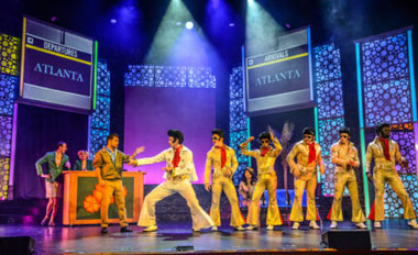 Nick Anastsia, Anthony Cataldo, and the Flying Elvises appear in a scene in Slow Burn Theatre Company's production of 